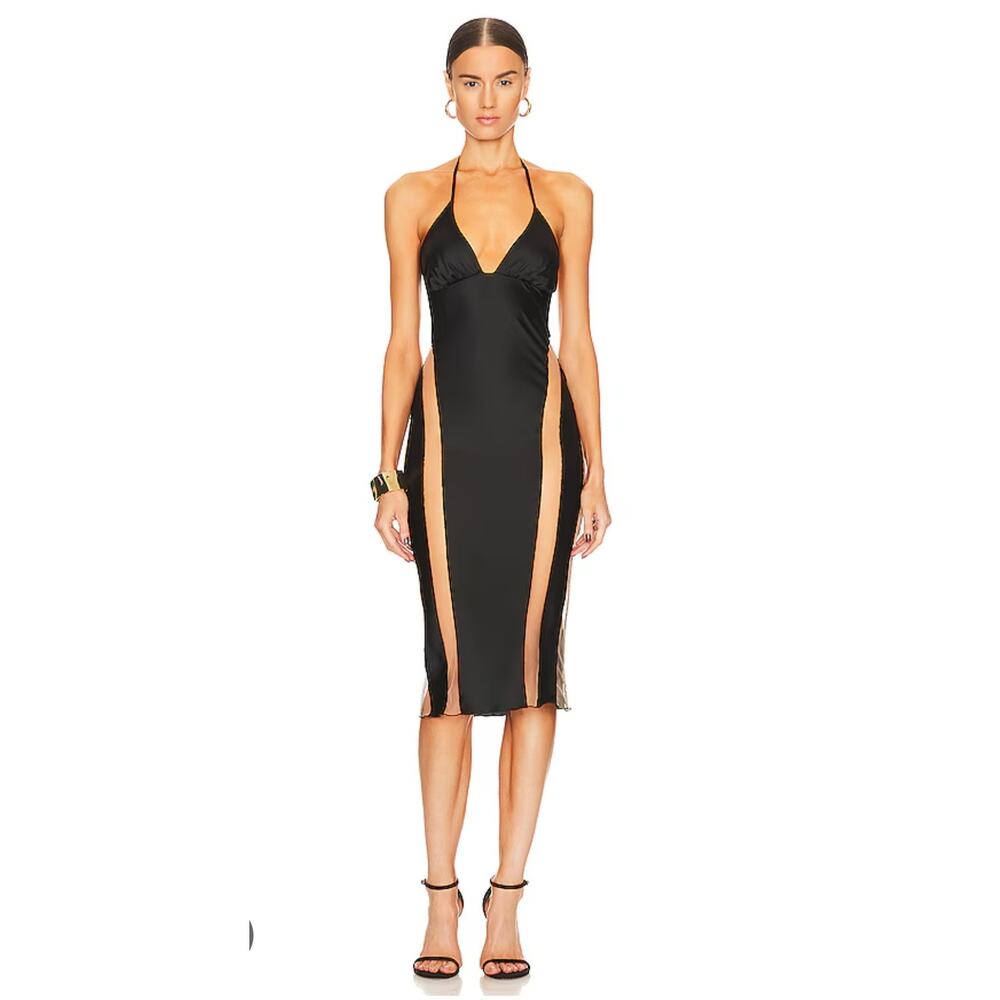 Black Halter Sheer Panel Midi Dress